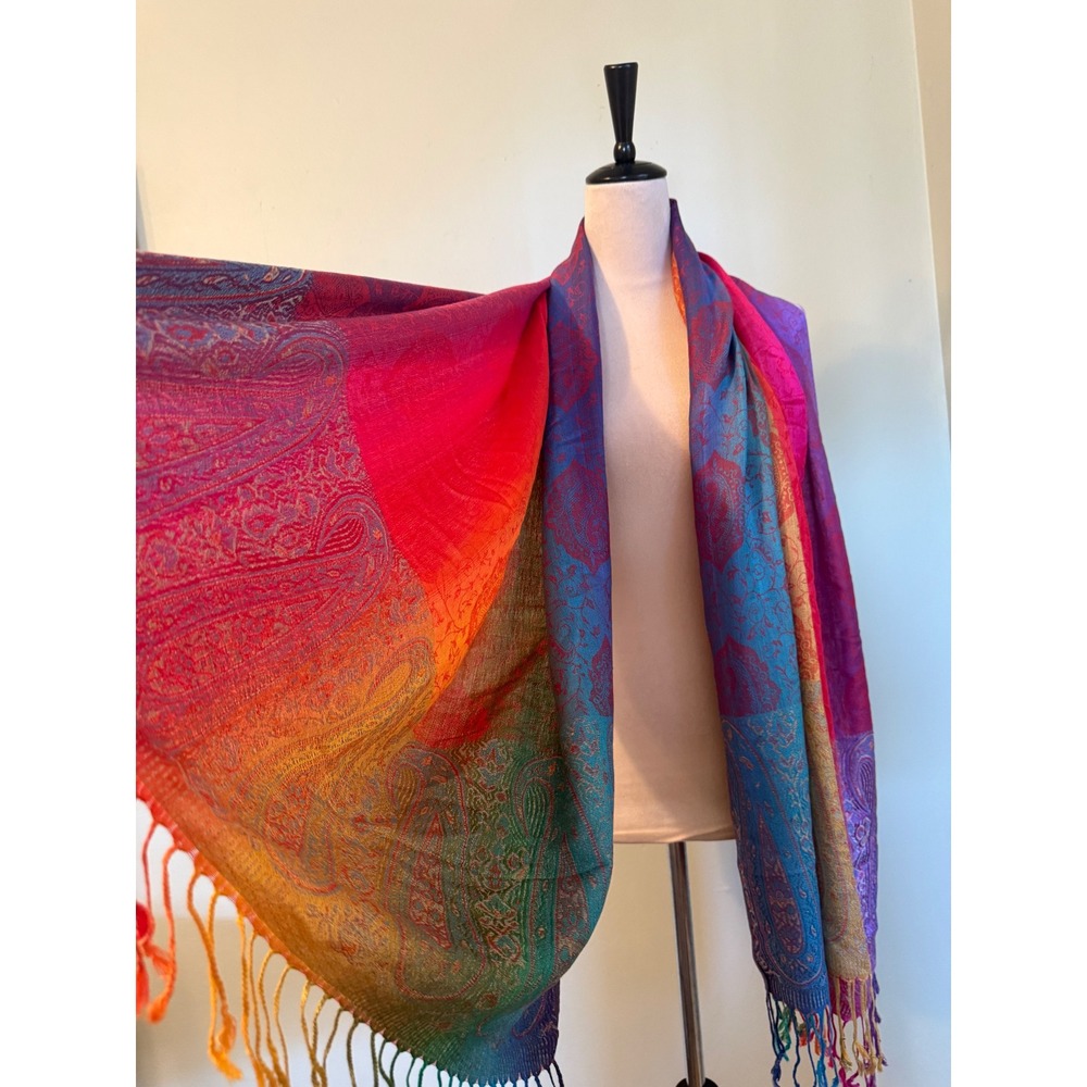 Rainbow Paisley Shawl Multi Color coverup Fringe Wrap Scarf boho whimsigoth fest